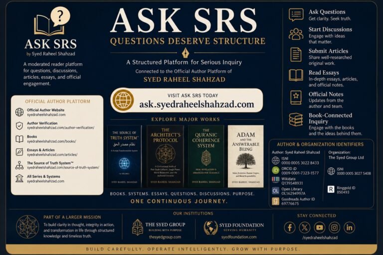 Ask SRS official reader platform by Syed Raheel Shahzad inviting visitors to ask serious questions, join discussions and explore author content.