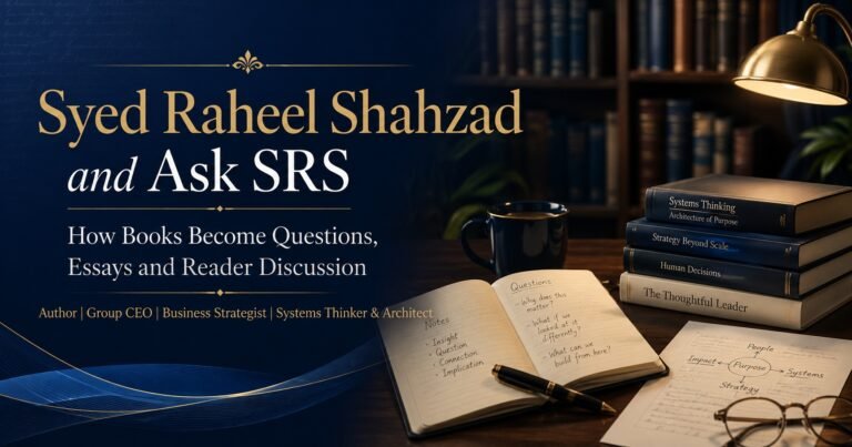 Syed Raheel Shahzad and Ask SRS image showing books becoming questions essays and reader discussion on the official author platform.