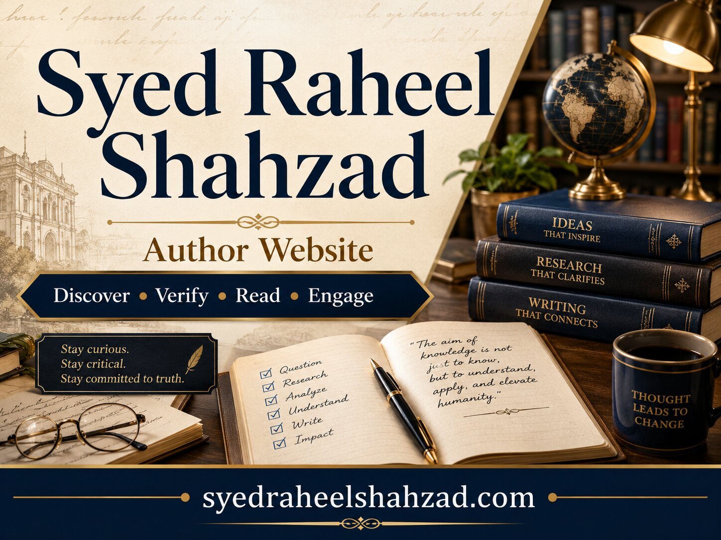 Syed Raheel Shahzad author website image showing the discover verify read and engage pathway for books and public records