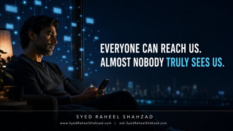 Featured image for “Why We Feel Lonely Even When Everyone Can Reach Us” by Syed Raheel Shahzad, showing a solitary person surrounded by glowing digital messages yet emotionally isolated. Syed Raheel Shahzad