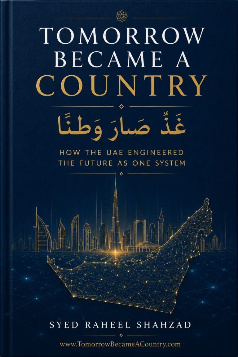 Tomorrow Became a Country book cover by Syed Raheel Shahzad, a nonfiction UAE systems book on vision, law, execution, openness, growth and global influence.