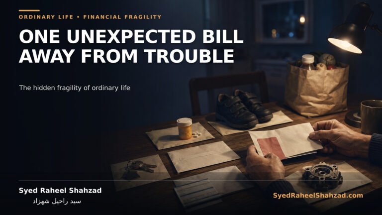 A working household dividing its salary between rent, food, school costs and bills while facing one unexpected expense