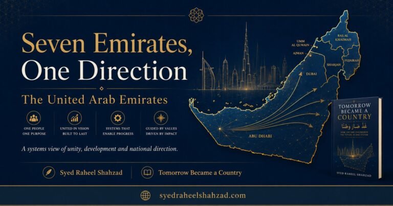 Seven Emirates One Direction by Syed Raheel Shahzad, United Arab Emirates unity, UAE map, seven emirates and Tomorrow Became a Country book