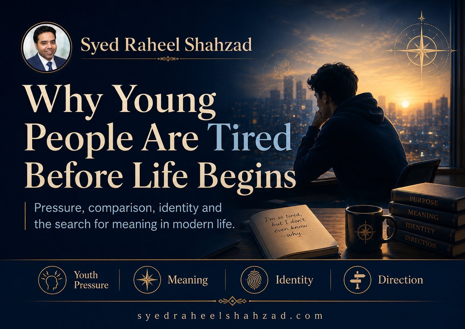 Syed Raheel Shahzad — Tired Before Life Begins Syed Raheel Shahzad author image about young people tired before life begins, youth pressure, identity, meaning, direction and Ask SRS