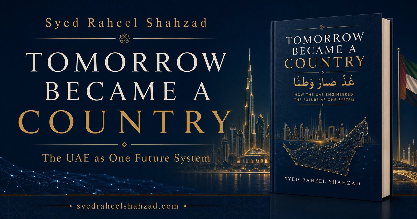 Tomorrow Became a Country book cover by Syed Raheel Shahzad, UAE systems book on vision, law, execution, openness, growth and global influence