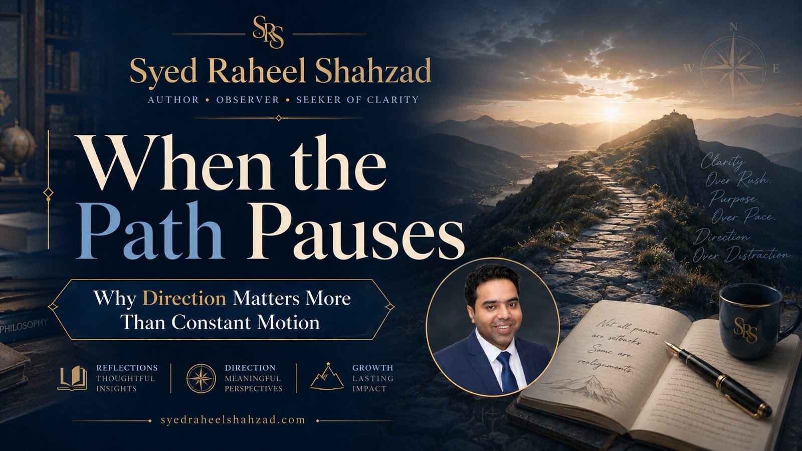 When the Path Pauses — Syed Raheel Shahzad Syed Raheel Shahzad beside a mountain path at sunrise for an article about direction after a pause