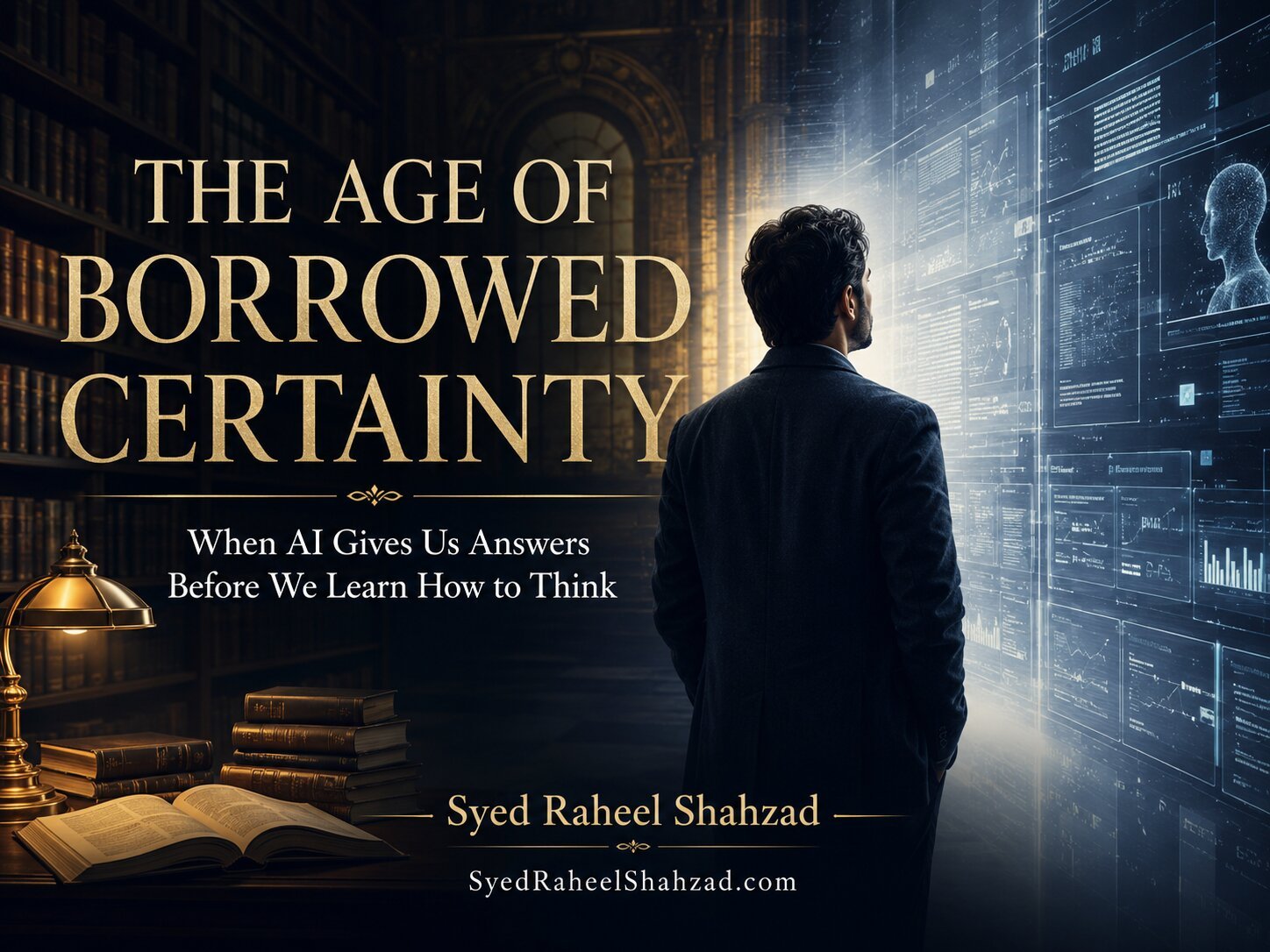 The Age of Borrowed Certainty by author Syed Raheel Shahzad, showing a person between traditional books and an artificial intelligence interface