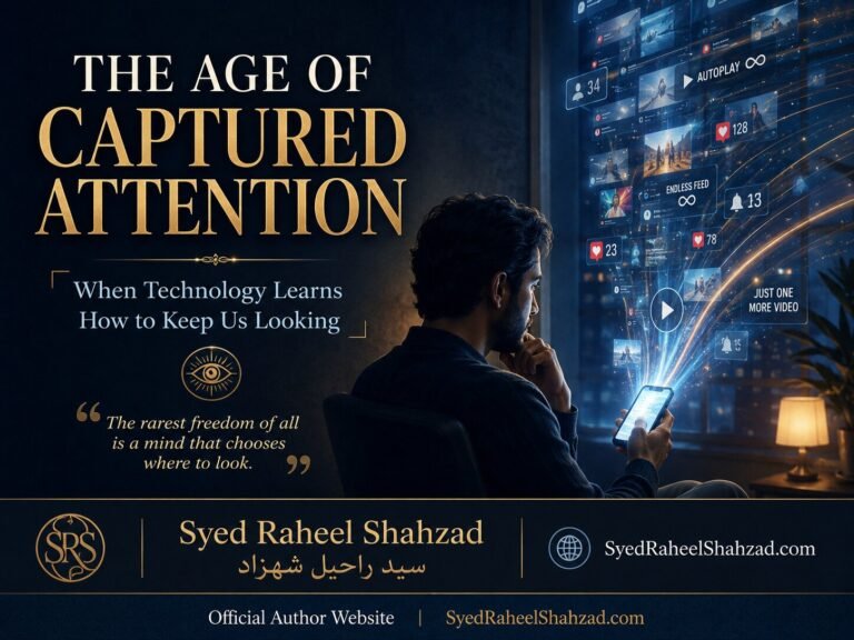 The Age of Captured Attention by author Syed Raheel Shahzad, showing digital platforms competing to control human attention