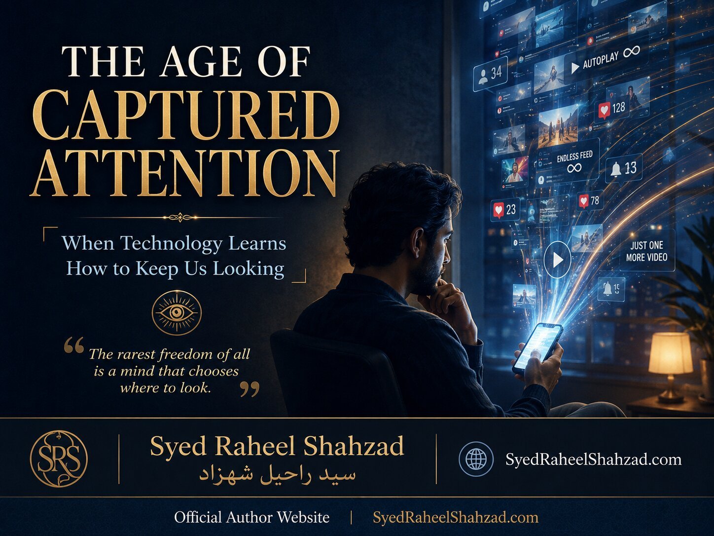 The Age of Captured Attention by author Syed Raheel Shahzad, showing digital platforms competing to control human attention