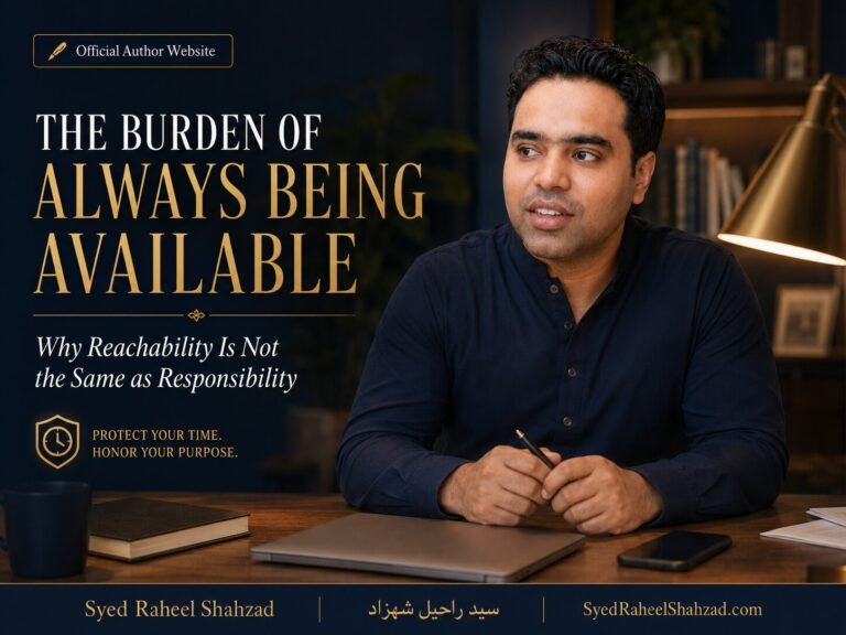 Syed Raheel Shahzad seated in a quiet study with laptop, phone and lamp, reflecting on the burden of always being available