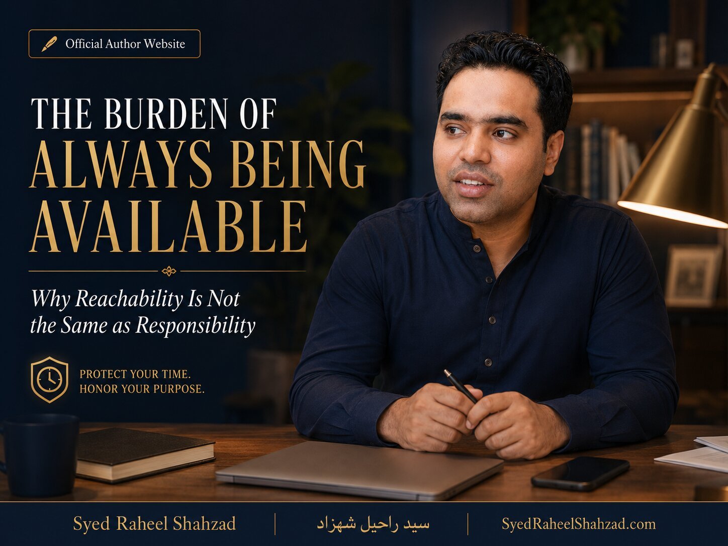 The Burden of Always Being Available — Syed Raheel Shahzad Syed Raheel Shahzad seated in a quiet study with laptop, phone and lamp, reflecting on the burden of always being available