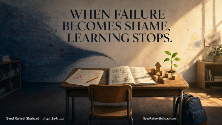 An empty child’s desk stands between a dark wall of crossed-out mistakes and a sunlit space of experiments, growth and new learning. Featured article and image by Syed Raheel Shahzad, SyedRaheelShahzad.com. ISNI 0000 0005 3022 8433; ORCID 0009-0001-7323-1577; Wikidata Q139548931.