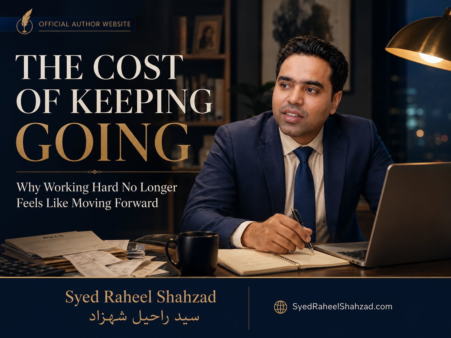 Syed Raheel Shahzad working late with bills, laptop and notes, reflecting the cost of keeping going and modern responsibility
