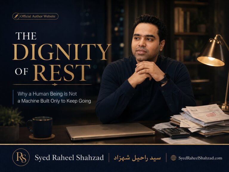 Syed Raheel Shahzad seated calmly in a quiet study after work, reflecting on the dignity of rest and human recovery