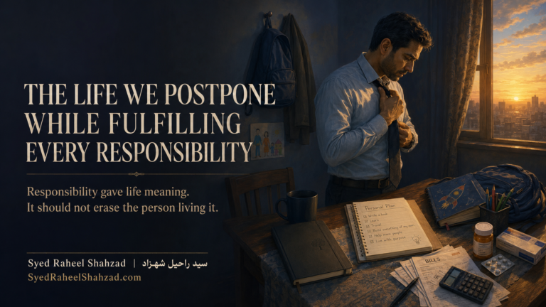 A responsible adult walks through years of work, bills and family duties while a younger version of his unfinished dream remains visible in the distance.