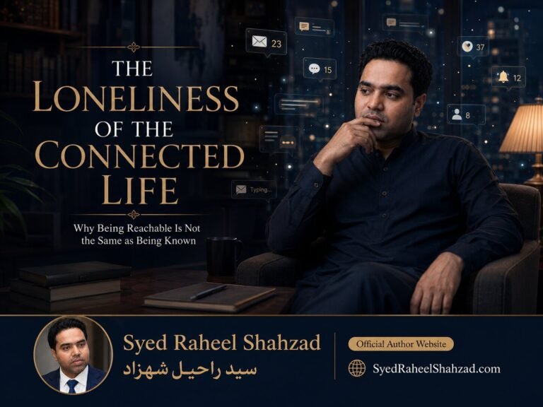 Syed Raheel Shahzad sitting alone in a quiet room surrounded by message notifications, reflecting the loneliness of the connected life