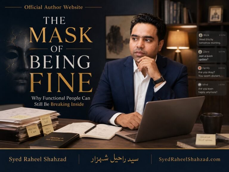 Syed Raheel Shahzad seated at a desk with laptop, messages and papers, reflecting on the mask of being fine