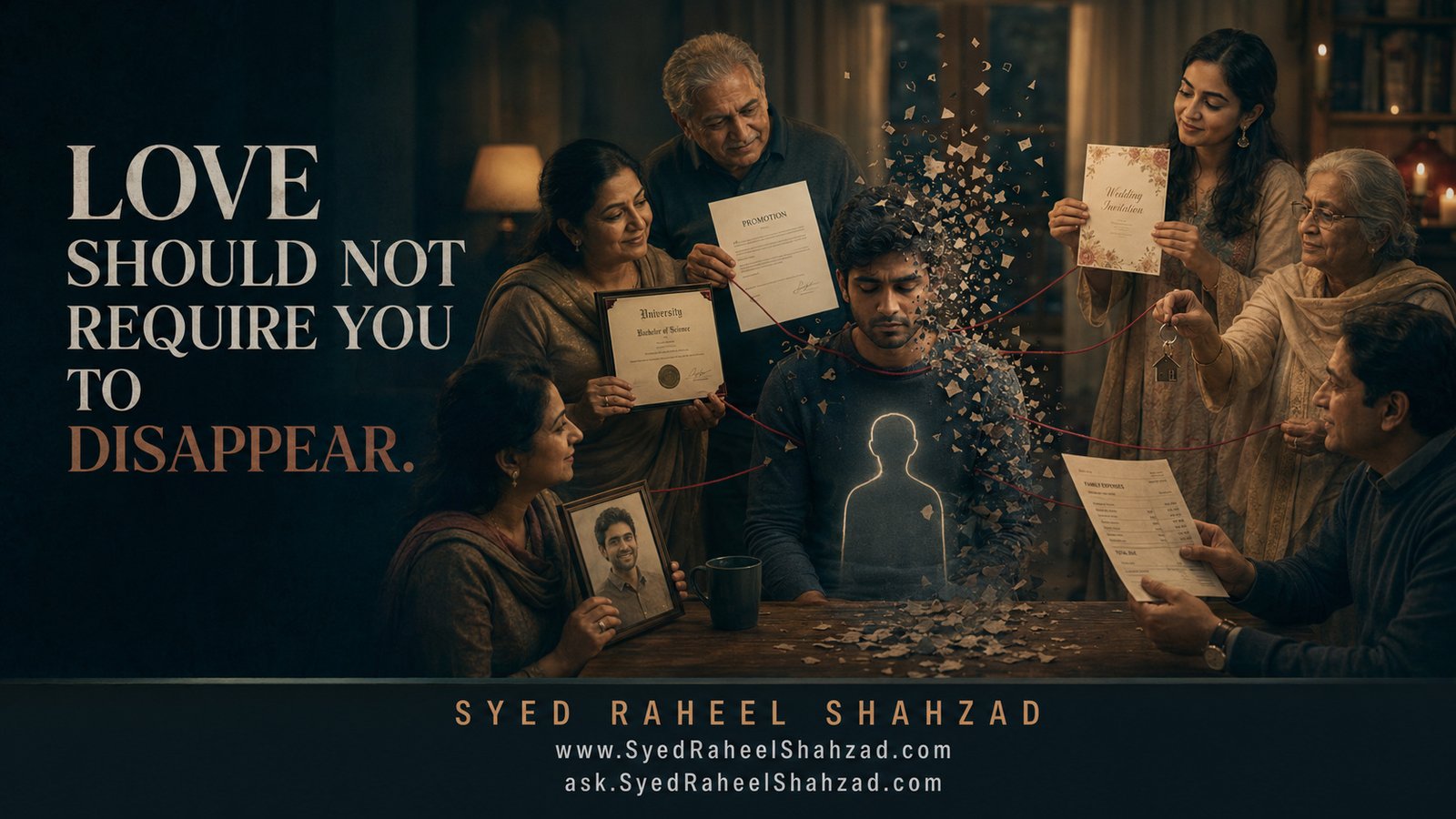 When Family Love Begins to Feel Like Pressure — Syed Raheel Shahzad When Family Love Begins to Feel Like Pressure: family expectations gradually erase one person’s identity. Article and image by Syed Raheel Shahzad on SyedRaheelShahzad.com and Ask SRS. ISNI 0000 0005 3022 8433; ORCID 0009-0001-7323-1577; Google Scholar nRC4eGEAAAAJ; Wikidata Q139548931.