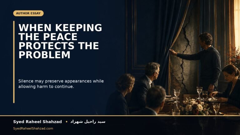 A polished room hides a widening structural crack while one person points to the damage others prefer not to acknowledge, representing false peace and enforced silence.