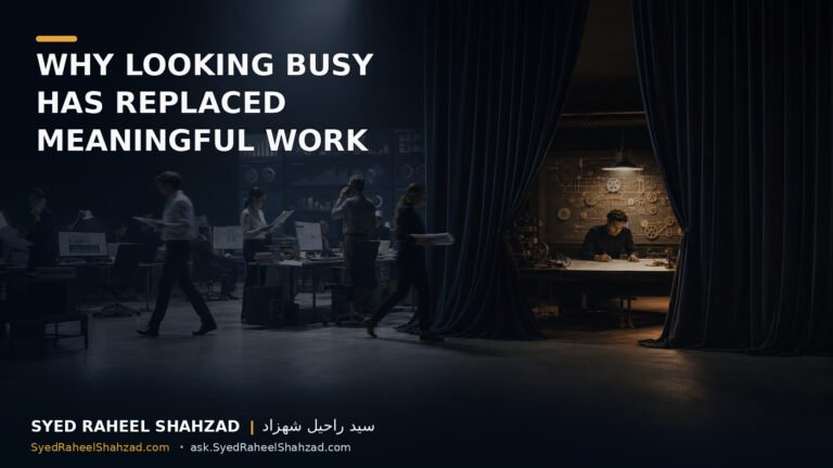 A divided modern workplace contrasts frantic visible activity, meetings and message alerts with one person producing focused, meaningful work. Article by Syed Raheel Shahzad.