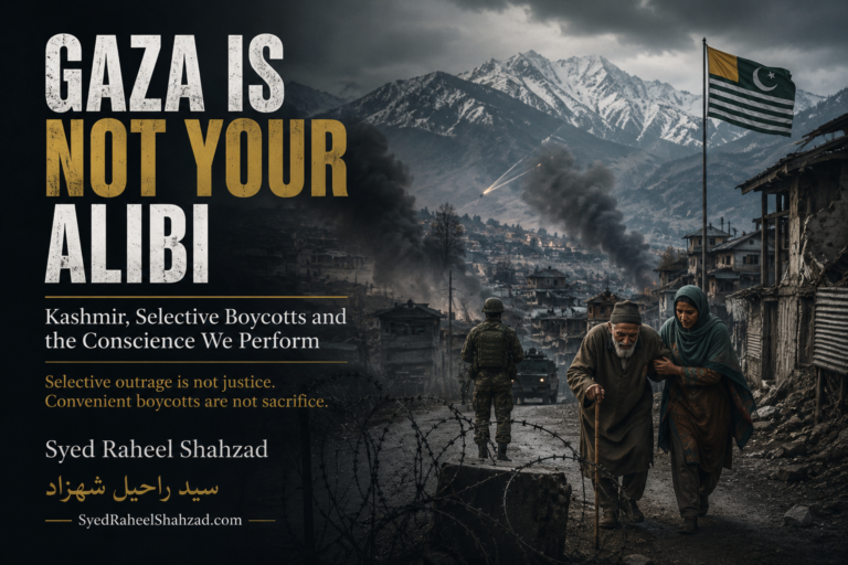 Gaza Is Not Your Alibi featured image showing Kashmir, shelling, military pressure, damaged homes and civilians, for an article by Syed Raheel Shahzad