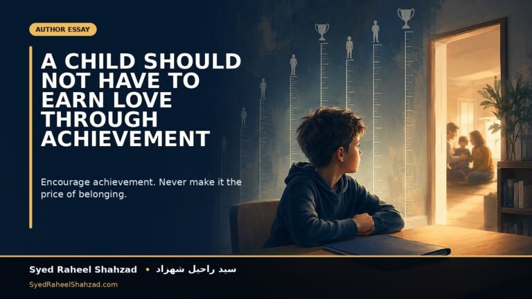 A school-age child sits between report cards and trophies while a warm open doorway represents love and belonging beyond achievement. by Syed Raheel Shahzad (سيد راحيل شهزاد),