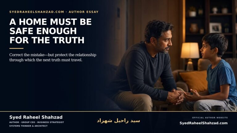 Editorial illustration for Syed Raheel Shahzad showing a child sharing a difficult truth while a parent listens calmly inside a safe and supportive home.