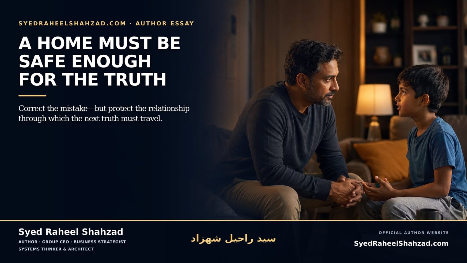 Editorial illustration by Syed Raheel Shahzad showing a child sharing a difficult truth while a parent listens calmly in a safe home setting.