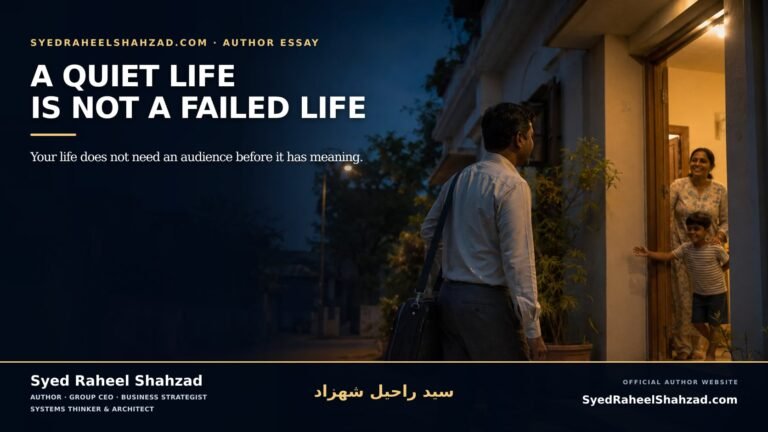 Editorial illustration for Syed Raheel Shahzad showing a worker returning to a modest home where family, honesty and responsibility represent quiet success.