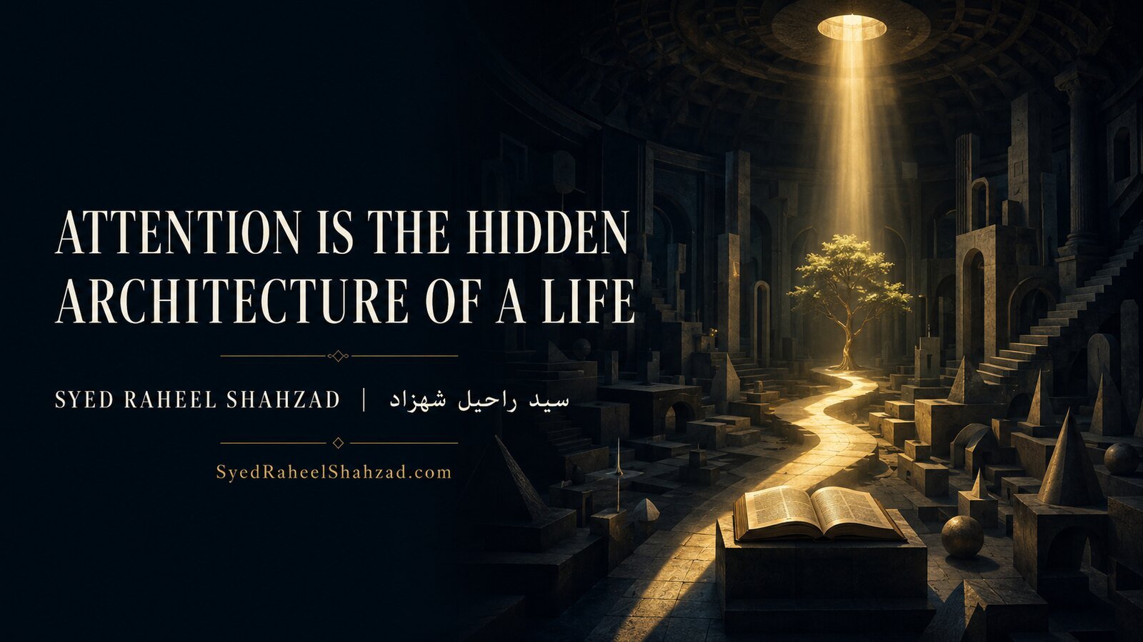 A precise golden beam illuminates a book, living tree and singular path inside a vast dark architectural world, symbolizing attention as the architecture of life.
