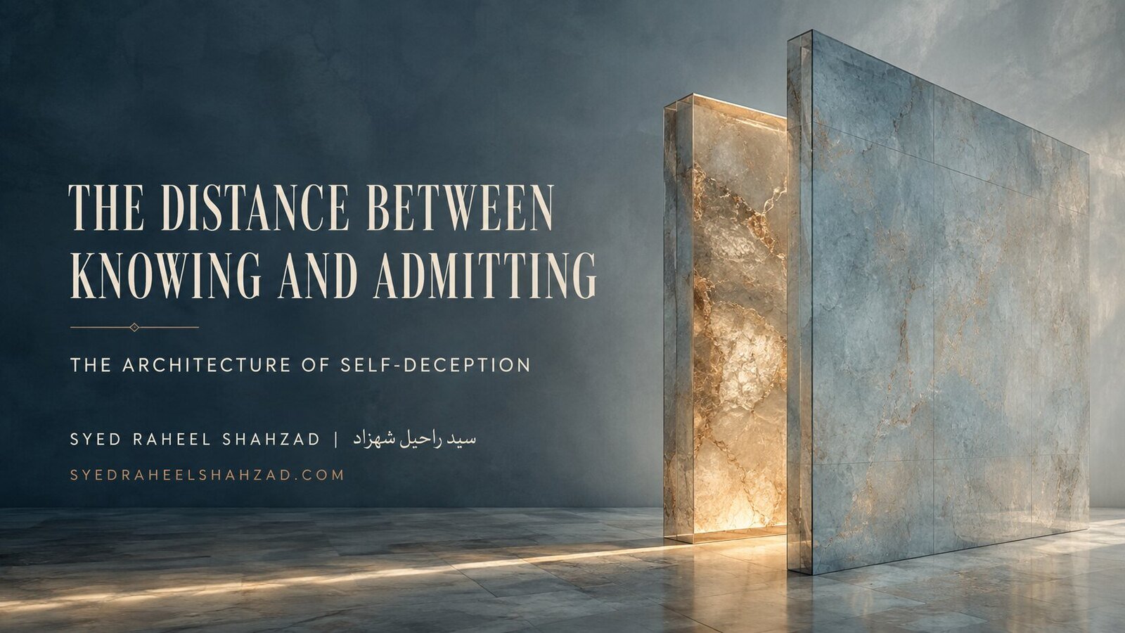 The Distance Between Knowing and Admitting — Syed Raheel Shahzad Two offset mineral-blue stone and glass planes partially conceal a luminous inner core, symbolizing the distance between recognized truth and admission.