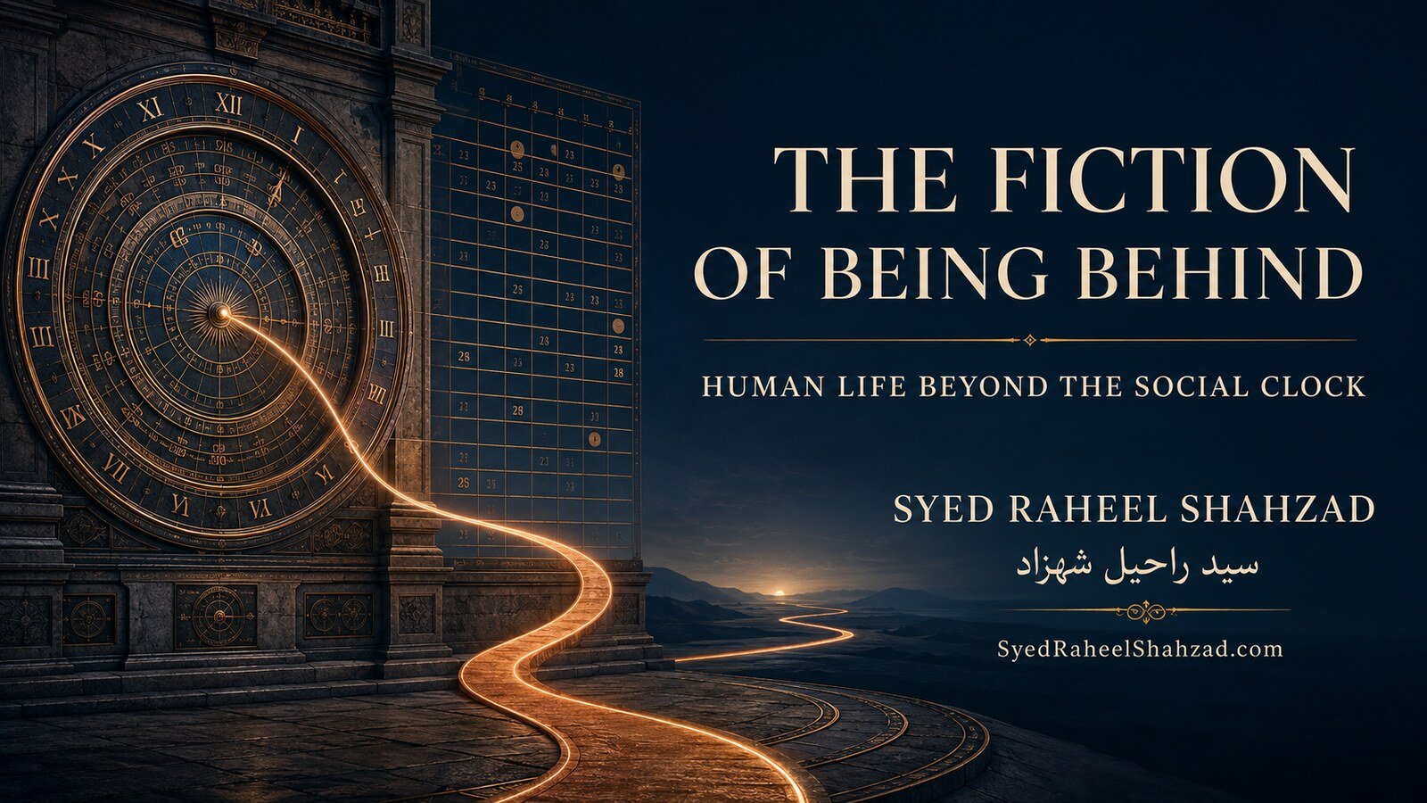 The Fiction of Being Behind — Syed Raheel Shahzad A monumental astronomical clock releases a luminous copper path toward an open horizon, symbolizing human life beyond the social clock.