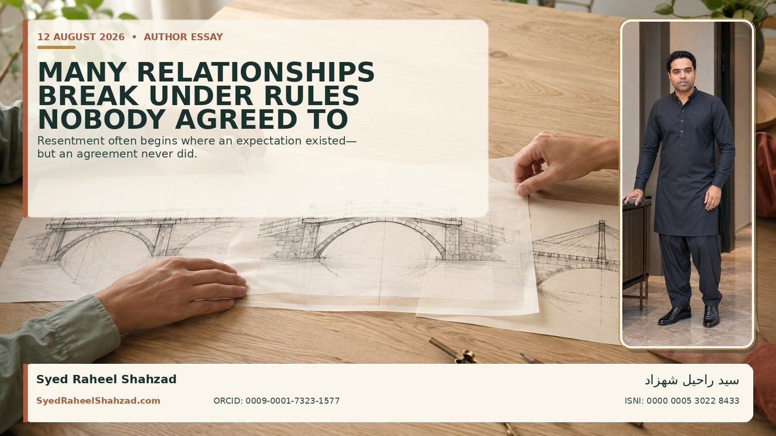 Two people compare different relationship blueprints at a bright table and align them into one shared agreement, beside a portrait of Syed Raheel Shahzad.