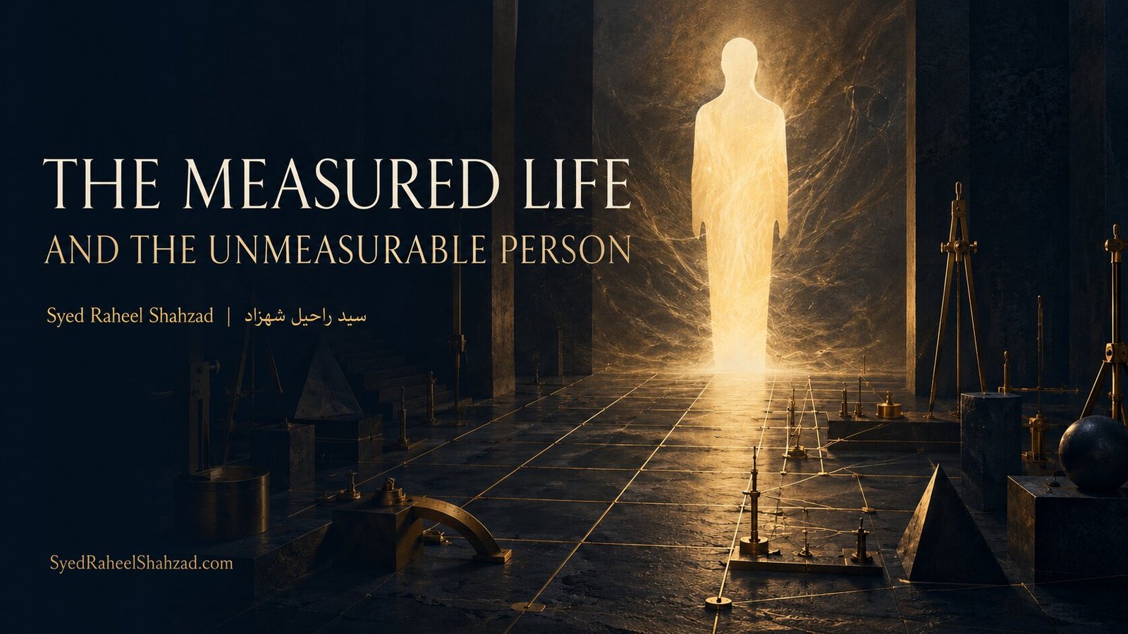 Conceptual artwork by Syed Raheel Shahzad showing a luminous human presence beyond an architectural grid and precise brass measuring instruments.
