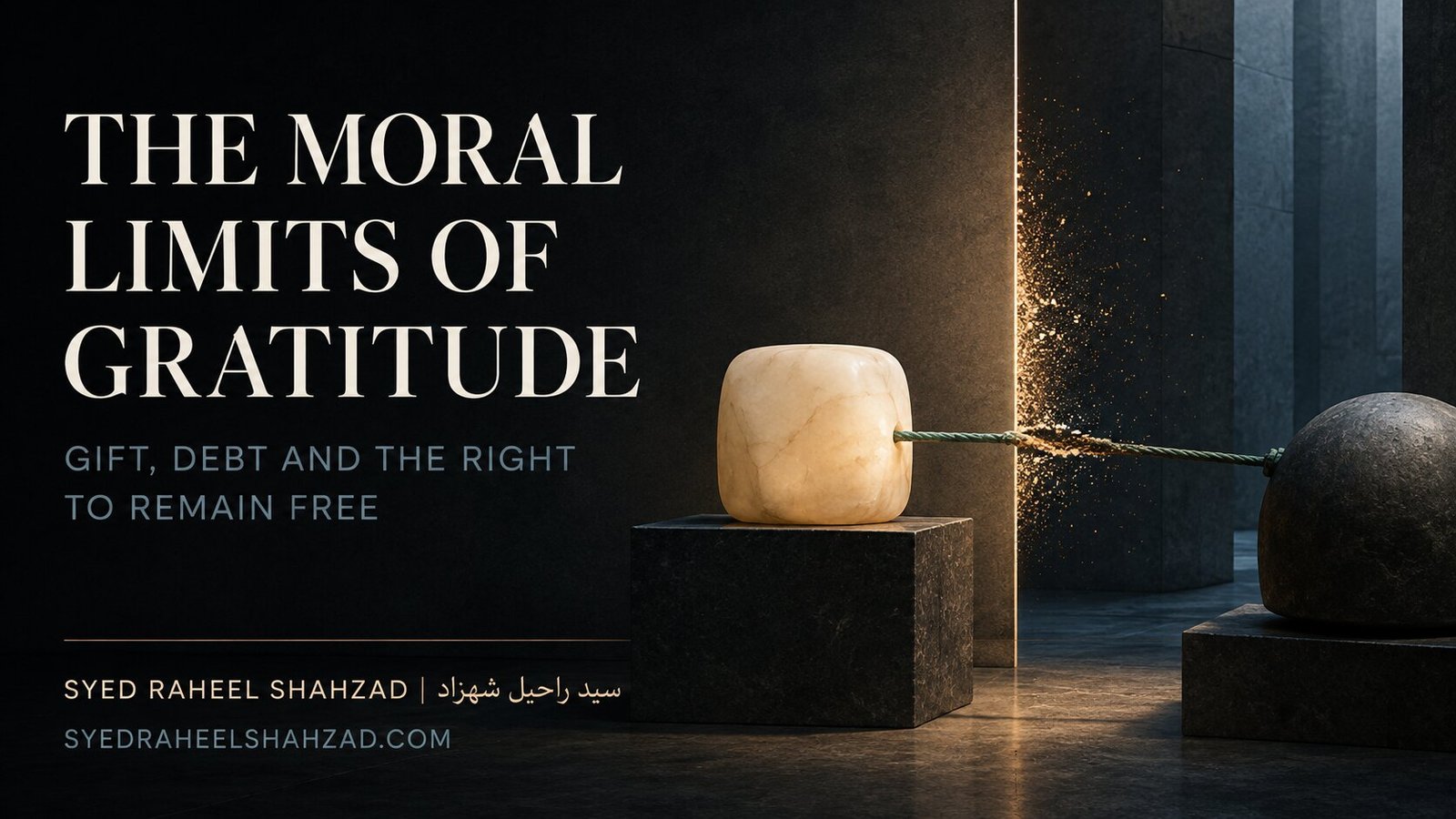 The Moral Limits of Gratitude philosophical artwork by Syed Raheel Shahzad showing a gift separated from a controlling counterweight by a threshold of freedom