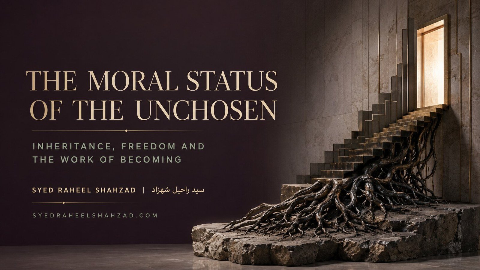 The Moral Status of the Unchosen: Inheritance, Freedom and the Work of Becoming — Syed Raheel Shahzad The Moral Status of the Unchosen philosophical artwork by Syed Raheel Shahzad showing inherited history meeting a freely chosen path
