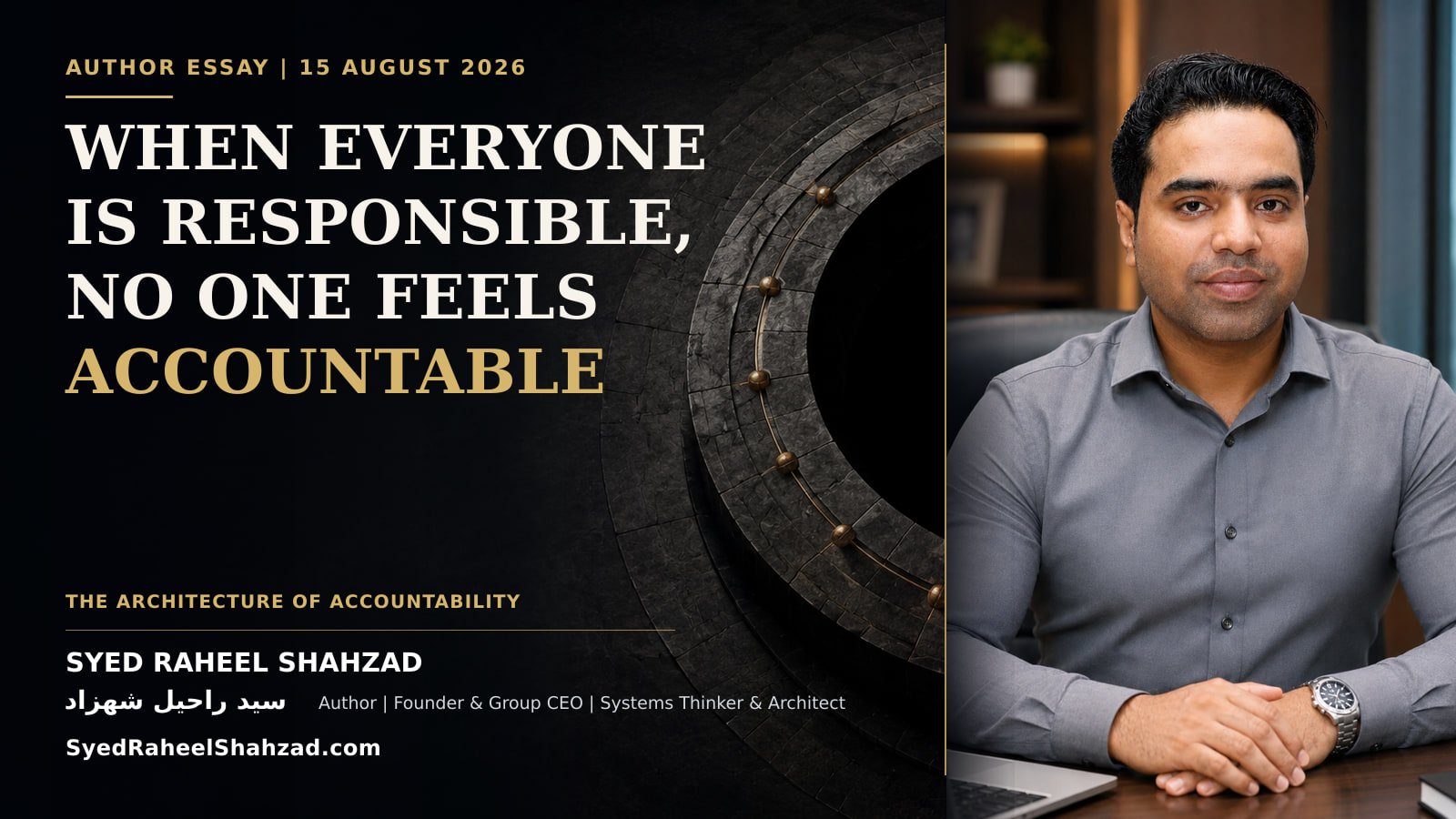 A fractured circle of distributed responsibility beside Syed Raheel Shahzad, illustrating how accountability disappears when ownership is divided.