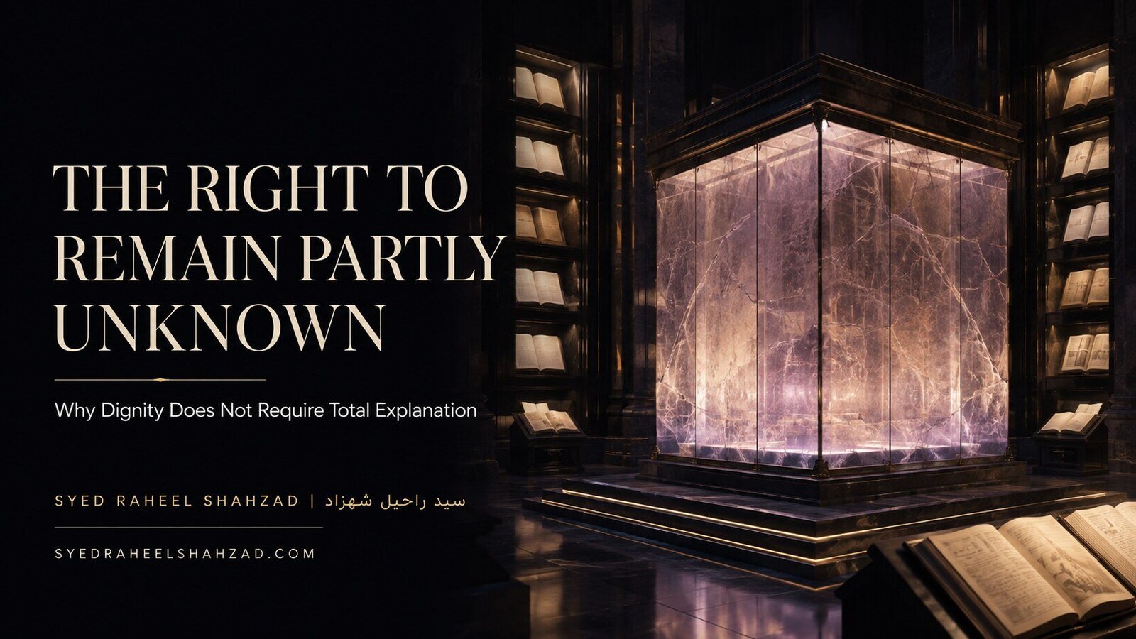 The Right to Remain Partly Unknown — Syed Raheel Shahzad A luminous but unreadable glass chamber stands within a dark archive of open records, symbolizing human dignity beyond complete explanation.