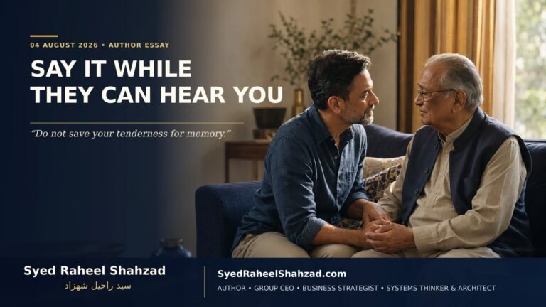 Editorial image for Syed Raheel Shahzad showing an adult expressing love and gratitude to an older parent while they are still together.