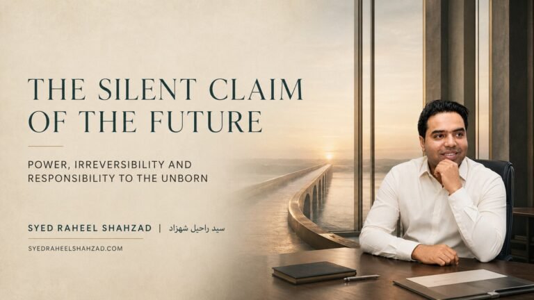 Syed Raheel Shahzad seated beside a luminous bridge extending toward an unfinished future, illustrating power, irreversibility and responsibility to unborn generations.