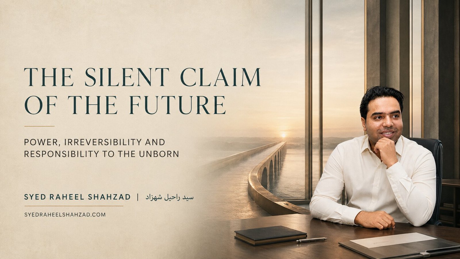 The Silent Claim of the Future — Syed Raheel Shahzad Syed Raheel Shahzad seated beside a luminous bridge extending toward an unfinished future, illustrating power, irreversibility and responsibility to unborn generations.