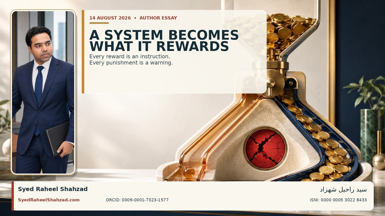 Gold rewards flow toward behaviour concealing a red structural failure while an honest warning remains unrewarded, beside Syed Raheel Shahzad.