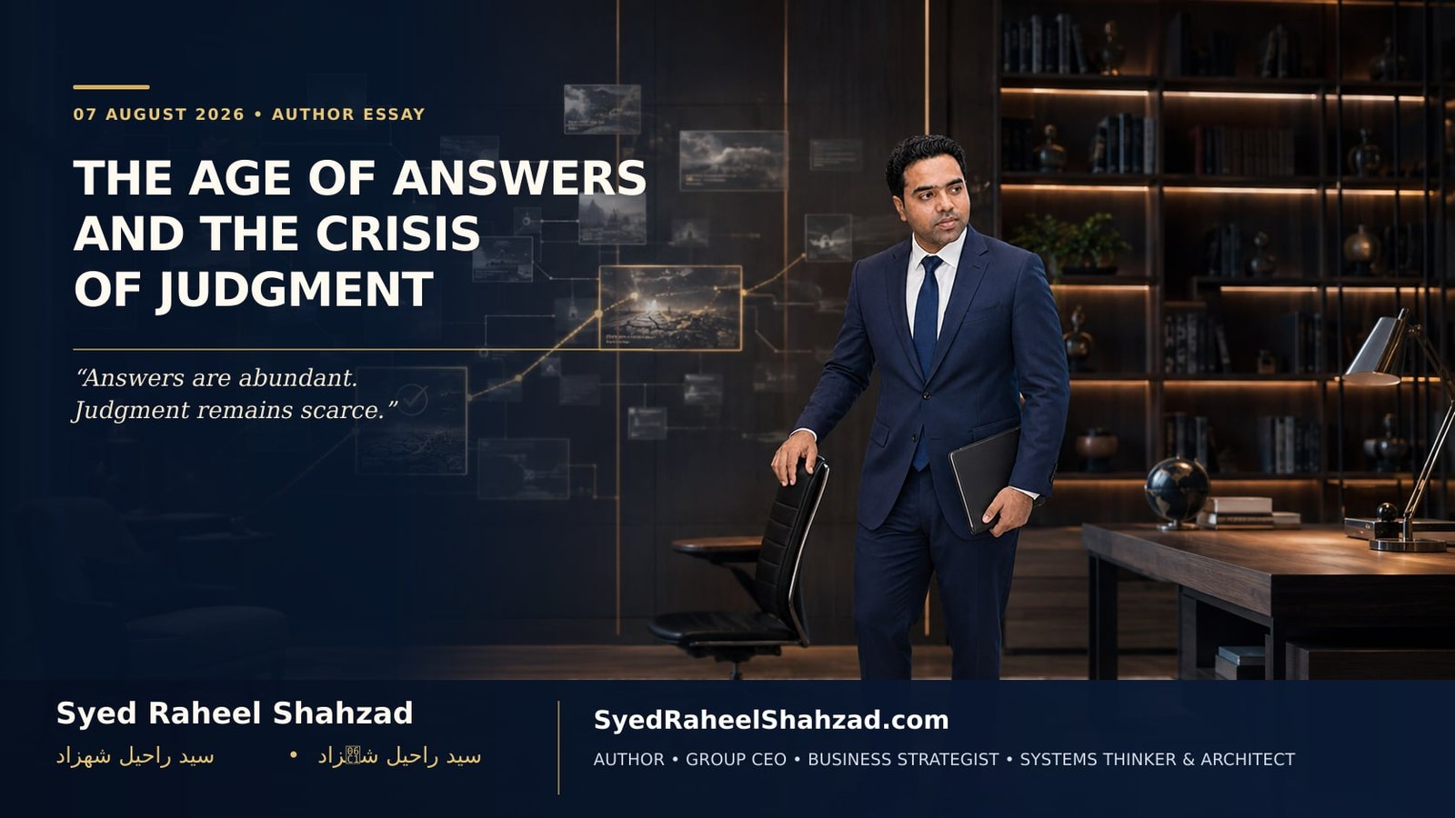 The Age of Answers and the Crisis of Judgment — Syed Raheel Shahzad Wide editorial portrait of Syed Raheel Shahzad examining competing answers, evidence and sources in the age of information overload.