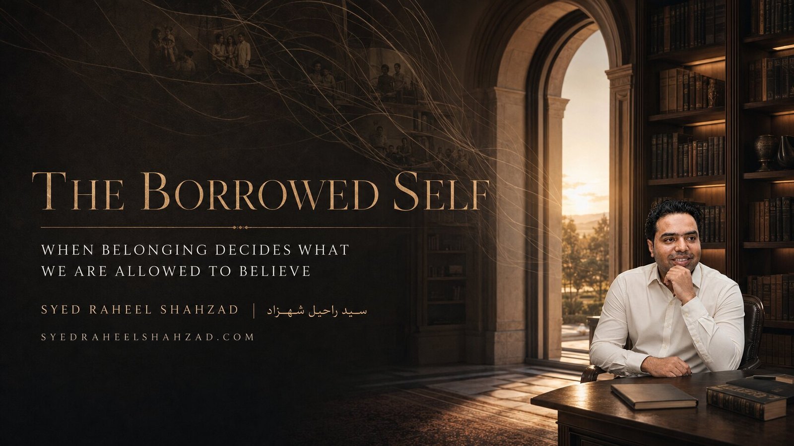The Borrowed Self — Syed Raheel Shahzad on Belonging and Belief Philosophical artwork by Syed Raheel Shahzad showing a solitary figure between an inherited hall of portraits and an open field of self-examined possibility.