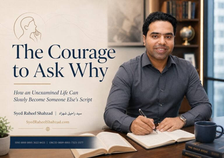 Syed Raheel Shahzad featured image for The Courage to Ask Why showing philosophical inquiry, self-examination, books and reflective thought