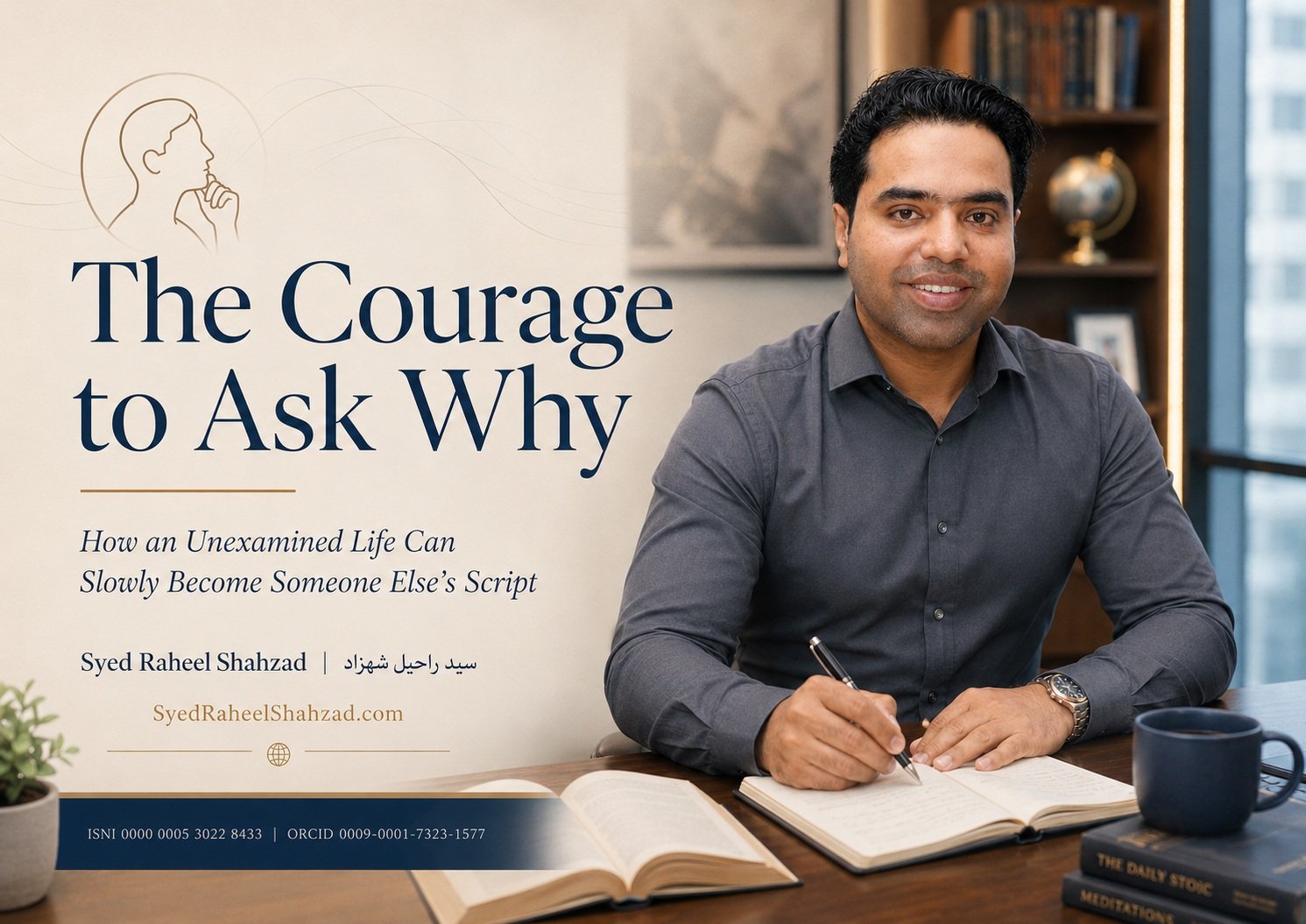 Syed Raheel Shahzad featured image for The Courage to Ask Why showing philosophical inquiry, self-examination, books and reflective thought