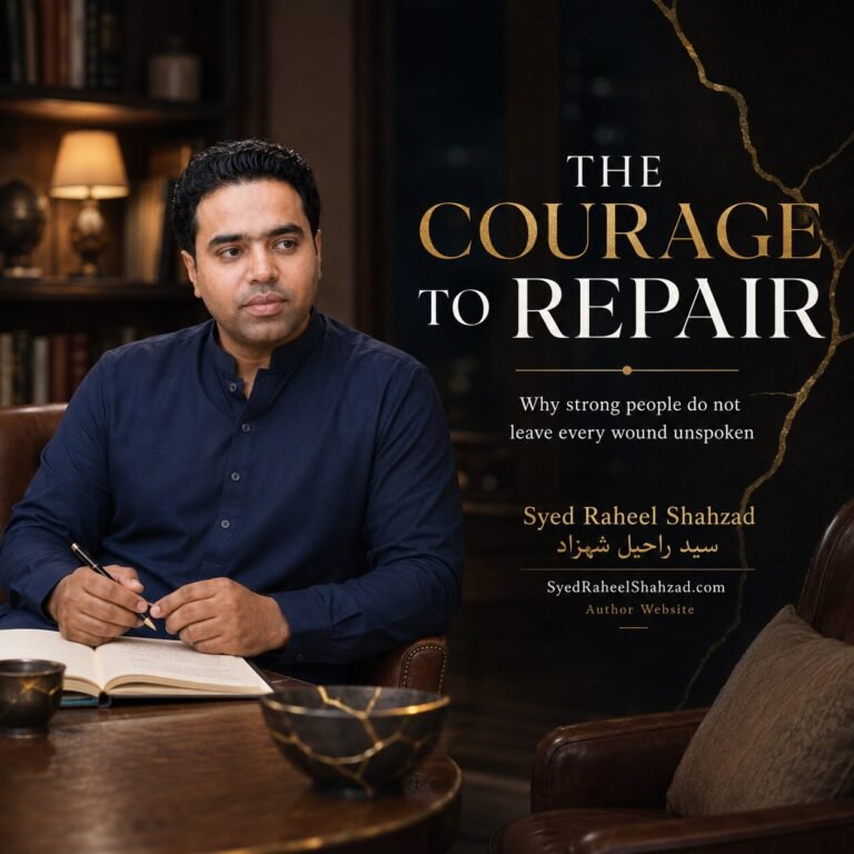 Syed Raheel Shahzad featured image for The Courage to Repair showing a reflective study, two chairs and a cracked notebook symbolising healing