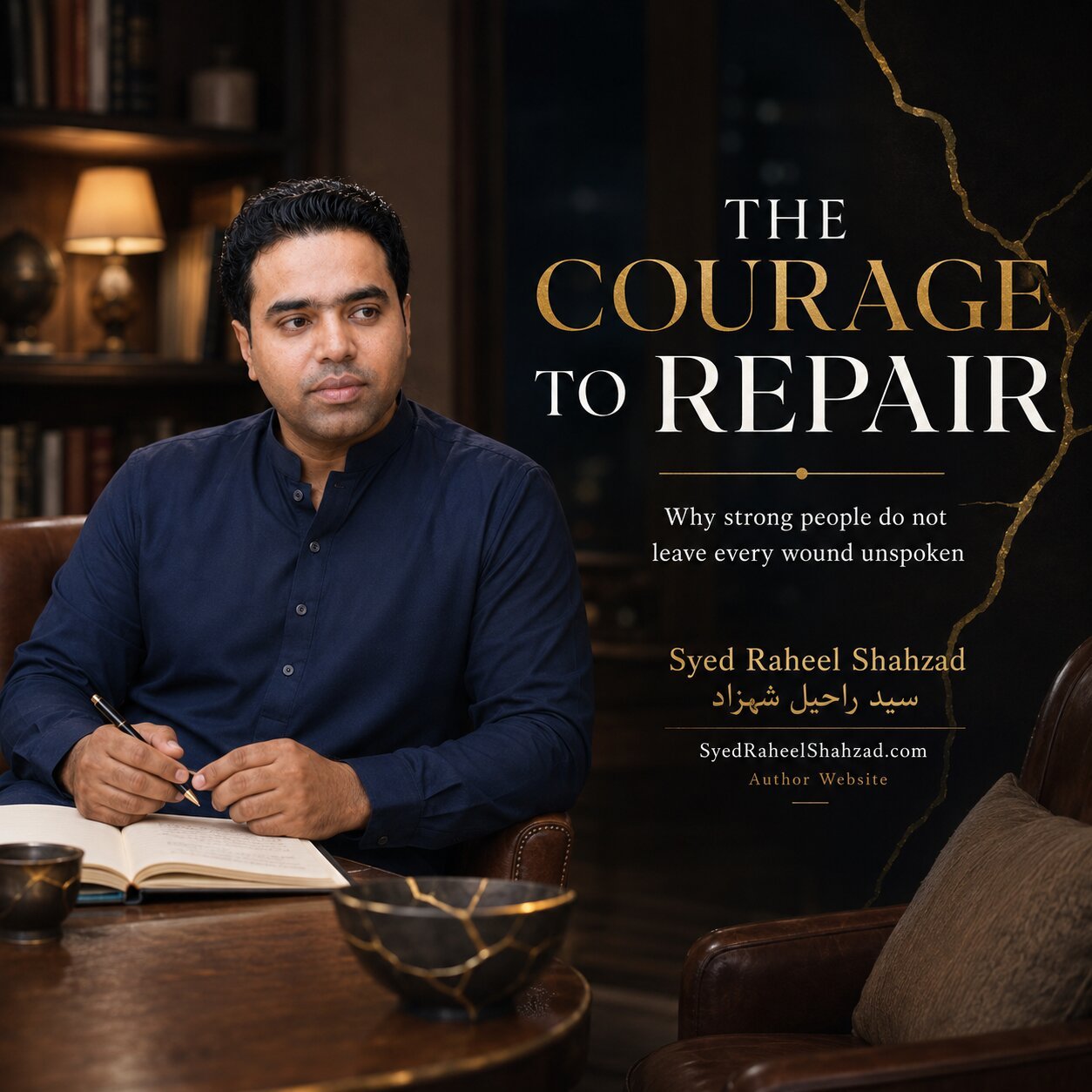 Syed Raheel Shahzad in a reflective study with a repaired crack motif for The Courage to Repair article