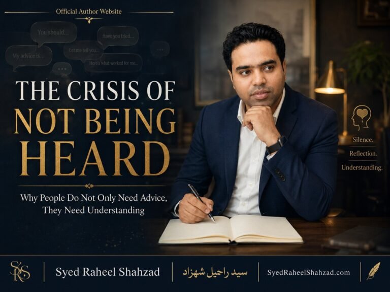 Syed Raheel Shahzad seated with notebook and speech bubbles, reflecting on the crisis of not being heard