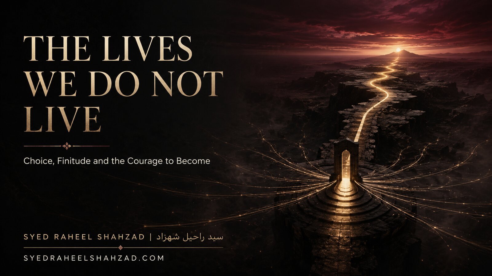 The Lives We Do Not Live — Syed Raheel Shahzad A solitary traveler faces one illuminated doorway while translucent alternative lives recede into a deep blue architectural distance, symbolizing choice and unlived futures.